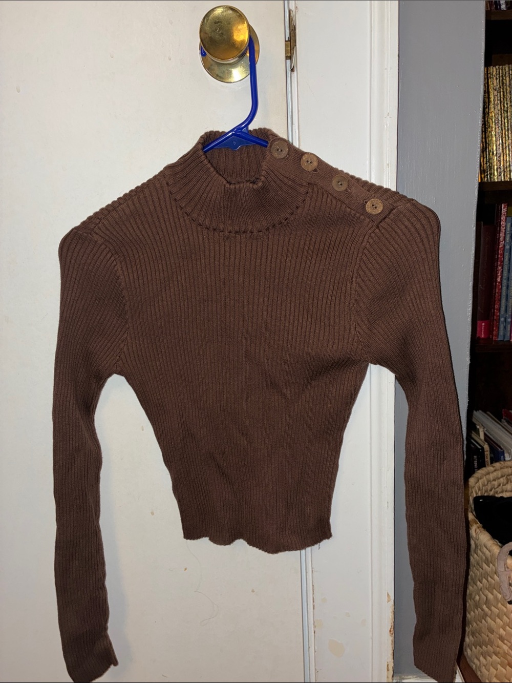 Fitted Mock Neck Ribbed Sweater w/ Decorative Buttons